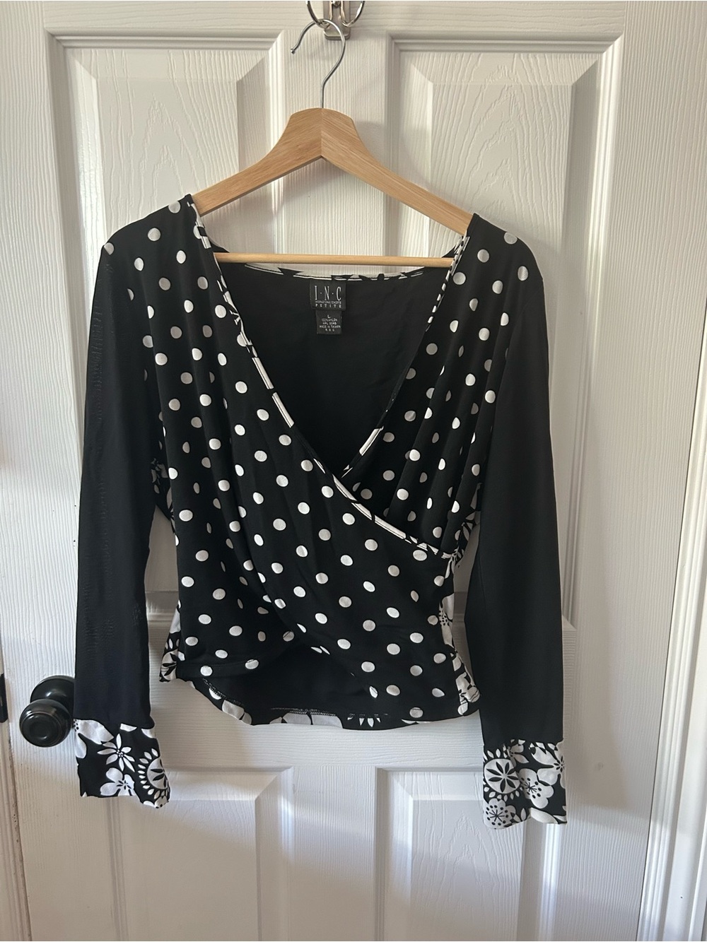 INC International Concepts Black and White Polka Dot Wrap Blouse
